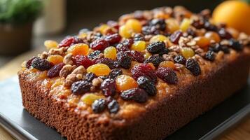 A warm fruit and nut cake bakes with vibrant dried fruits and crunchy nuts on top photo