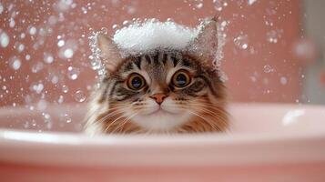 A playful kitten enjoys a bubbly bath, splashing water and creating joyful fun photo