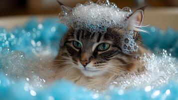 A playful cat relaxes in soapy bubbles while enjoying a delightful bubble bath photo