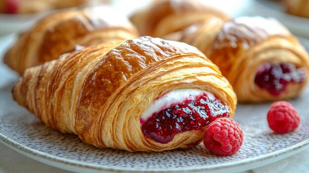 Freshly baked croissants filled with raspberry jam sit invitingly on a rustic plate photo