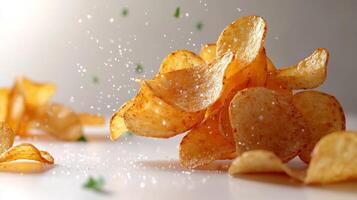 Salted potato chips rest on the counter, glistening with a hint of freshness photo