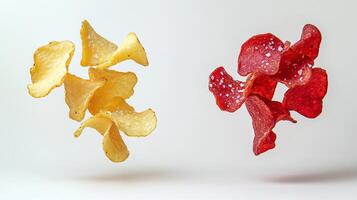 Crispy yellow and red chips float, tempting snack lovers with joy and hunger photo