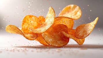 Golden potato chips burst into the air, showcasing their crispiness and delightful seasoning photo