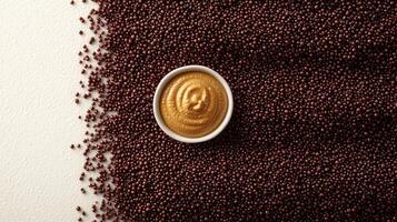 A bowl of golden mustard paste contrasts beautifully with scattered black mustard seeds photo