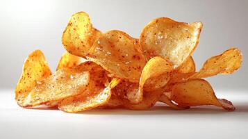 A tempting arrangement of golden potato chips glistens with seasoning, ready to be enjoyed photo