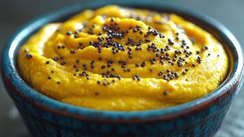 A vibrant squash puree is garnished with tiny black seeds in a charming bowl, evoking warmth photo