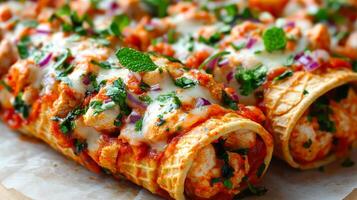 These crispy rolls are packed with seasoned chicken, melted cheese, and garnished with fresh herbs photo