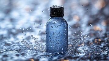A water bottle sits in still water, creating soft splashes as droplets fall around it during rain photo