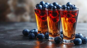 Three vibrant blueberry cocktails rest on a textured surface, perfect for summer photo
