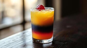 A stunning cocktail features colorful layers and a fresh raspberry on top, inviting enjoyment photo