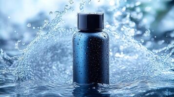 Water droplets cascade around a sleek black bottle, showcasing its elegant design and shine photo