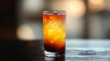 A tall glass showcases a colorful, refreshing cocktail blending warm and cool hues photo