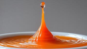 A vivid orange droplet gracefully rises from a creamy surface, creating a mesmerizing peak photo