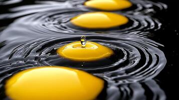 Vivid yellow yolks float serenely on a glossy black surface, causing gentle ripples as they break photo
