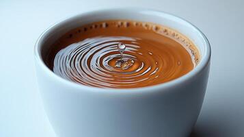 A droplet falls into a creamy cup of coffee, creating mesmerizing ripples as morning begins photo