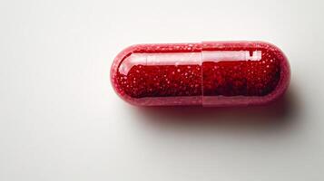 A close-up of a bright red capsule with a sparkling, textured exterior that glimmers photo