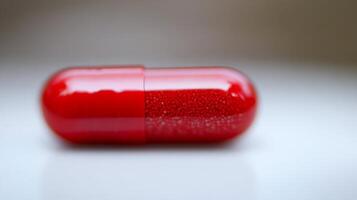 This vibrant red capsule sits alone, embodying vitality in a serene ambiance, suggesting health photo