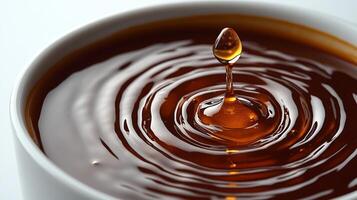 Syrup creates mesmerizing ripples as a droplet falls into the bowl, reflecting light beautifully photo