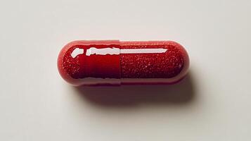 A vibrant red capsule lies on a clean surface, showcasing its bright design and shiny texture photo