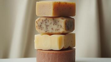 Beautifully crafted soaps showcase unique textures and colors, adding charm to any bathroom decor photo