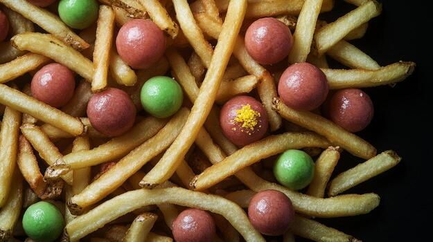 Crispy golden fries intertwine with vibrant candies, creating a playful culinary surprise photo