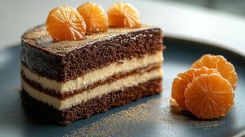 A slice of chocolate cake with creamy layers and orange segments on top photo