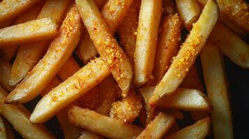 Golden brown fries, hot and crispy, coated in a special seasoning blend, inviting indulgence photo