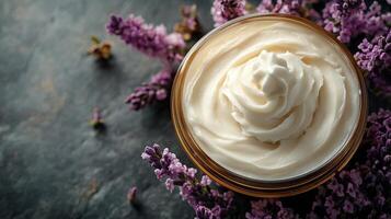 Soft textured lotion in a glass jar rests elegantly with vibrant lavender flowers nearby photo