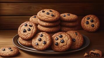 A delectable array of warm chocolate chip cookies laid out on a wooden platter, tempting all photo