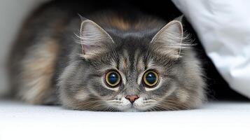 A fluffy cat with large eyes peeks out inquisitively, enjoying a moment of playful exploration photo