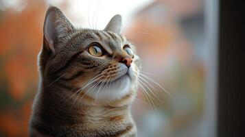 A curious cat observes the changing world outside, entranced by the vibrant autumn colors photo