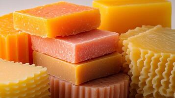 Handcrafted soaps in various vibrant colors are artistically arranged, highlighting artisanal skill photo