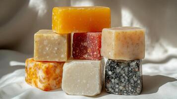 Vibrant artisan soap bars display unique textures and colors in a beautiful arrangement photo