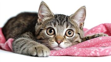 Soft light highlights a playful tabby cat as it lounges on a pink blanket, eyes wide with curiosity photo