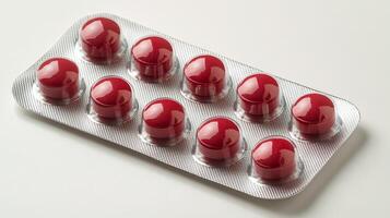 Shiny red capsules are organized in a silver blister pack, prepared for health needs photo