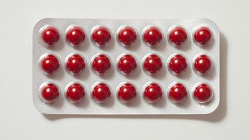 Bright red capsules sit in a silver blister pack, radiating a sense of health and vitality photo