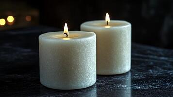 Two white candles flicker gently, illuminating a dark space with a serene ambiance photo