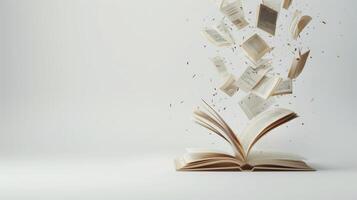 An artistic representation of an open book with pages flying in a dynamic motion photo
