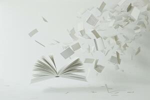 Modern and abstract artistic design featuring an open book with floating pages in a unique style photo