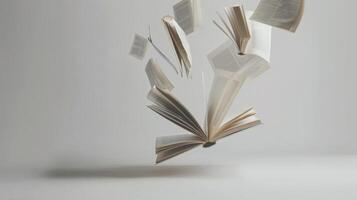 Flying books hover in midair, creating a surreal and ethereal scene of knowledge and magic photo