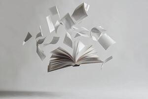 Modern and abstract artistic design featuring an open book with floating pages in a unique style photo