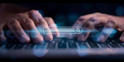 Hands Typing with Digital Search Icon and Cyber Network, Symbolizing Technology Concept photo