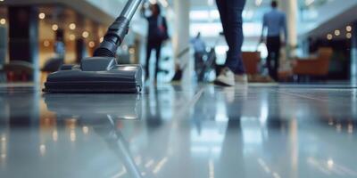 A modern shopping mall cleaning service is efficiently carried out using professional equipment photo