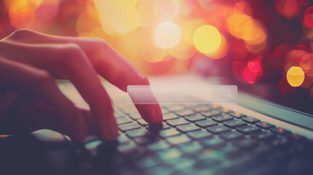 Closeup photo of a hand typing on a keyboard with a background of bokeh lights