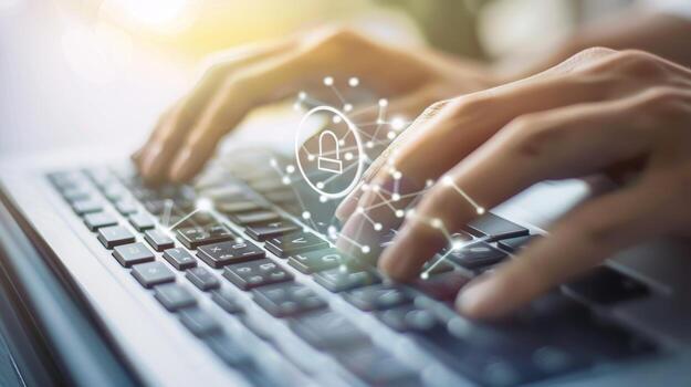 manos mecanografía en ordenador portátil teclado con digital interfaz para moderno espacio de trabajo productividad foto