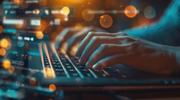 Hands are actively typing on a laptop keyboard with a beautiful bokeh lights in the background photo