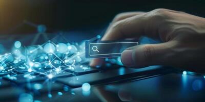 Hands Typing with Digital Search Icon and Cyber Network, Symbolizing Technology Concept photo