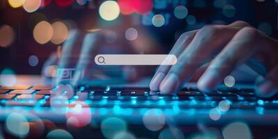Typing on a keyboard with a search bar overlay against a colorful bokeh background photo