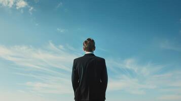 A businessman standing and looking up at the clear blue sky in a minimalist back view stock image photo