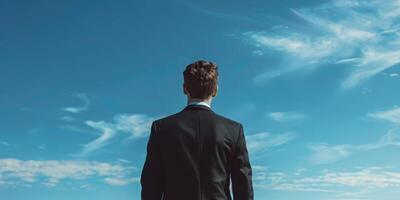 The businessman is looking up at the sky, representing ambition and striving for success photo
